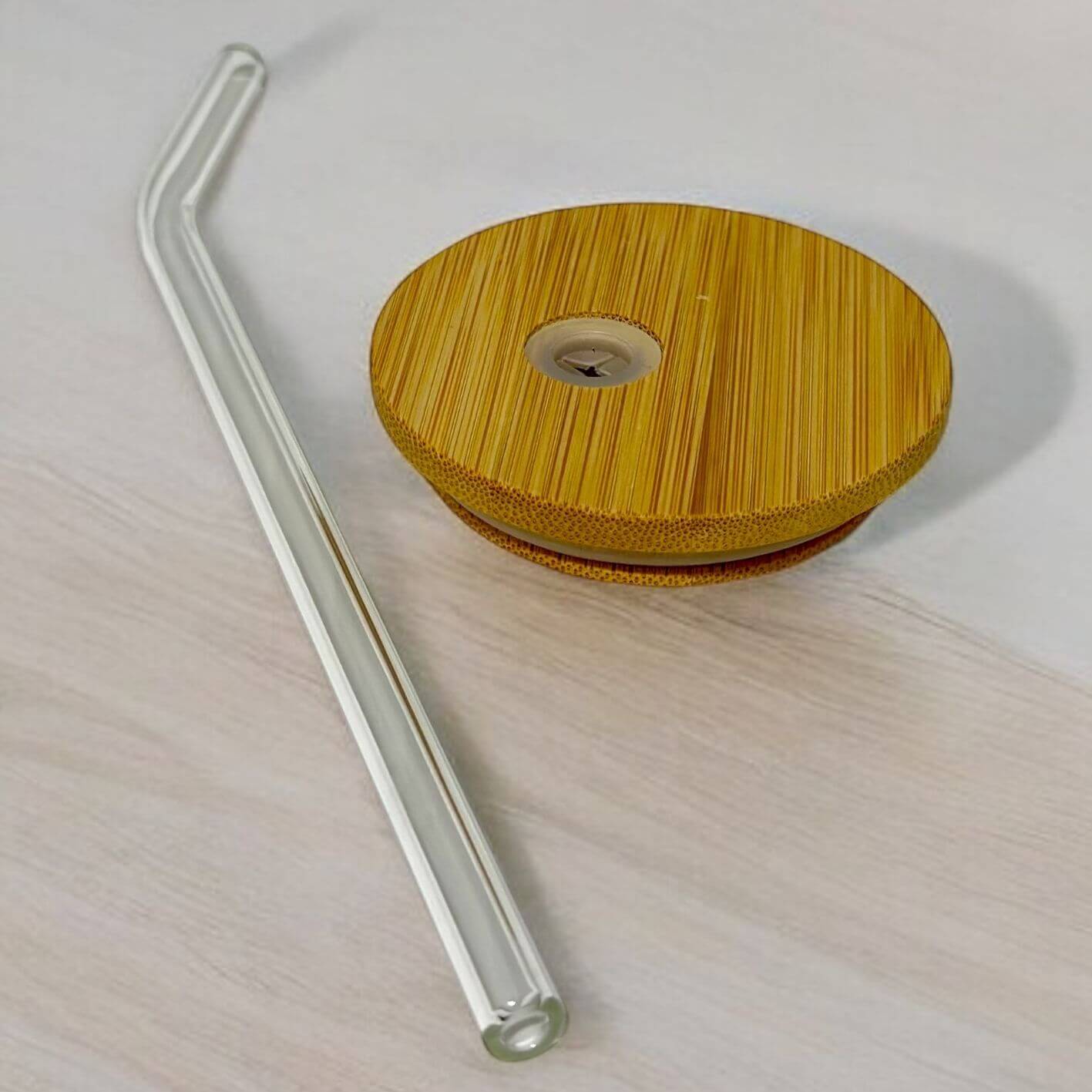 Eco-friendly bamboo lid with silicone seal and reusable clear glass straw, designed for personalised frosted glass teacher tumblers. Sustainable and practical accessory for teacher gift cups in Australia.