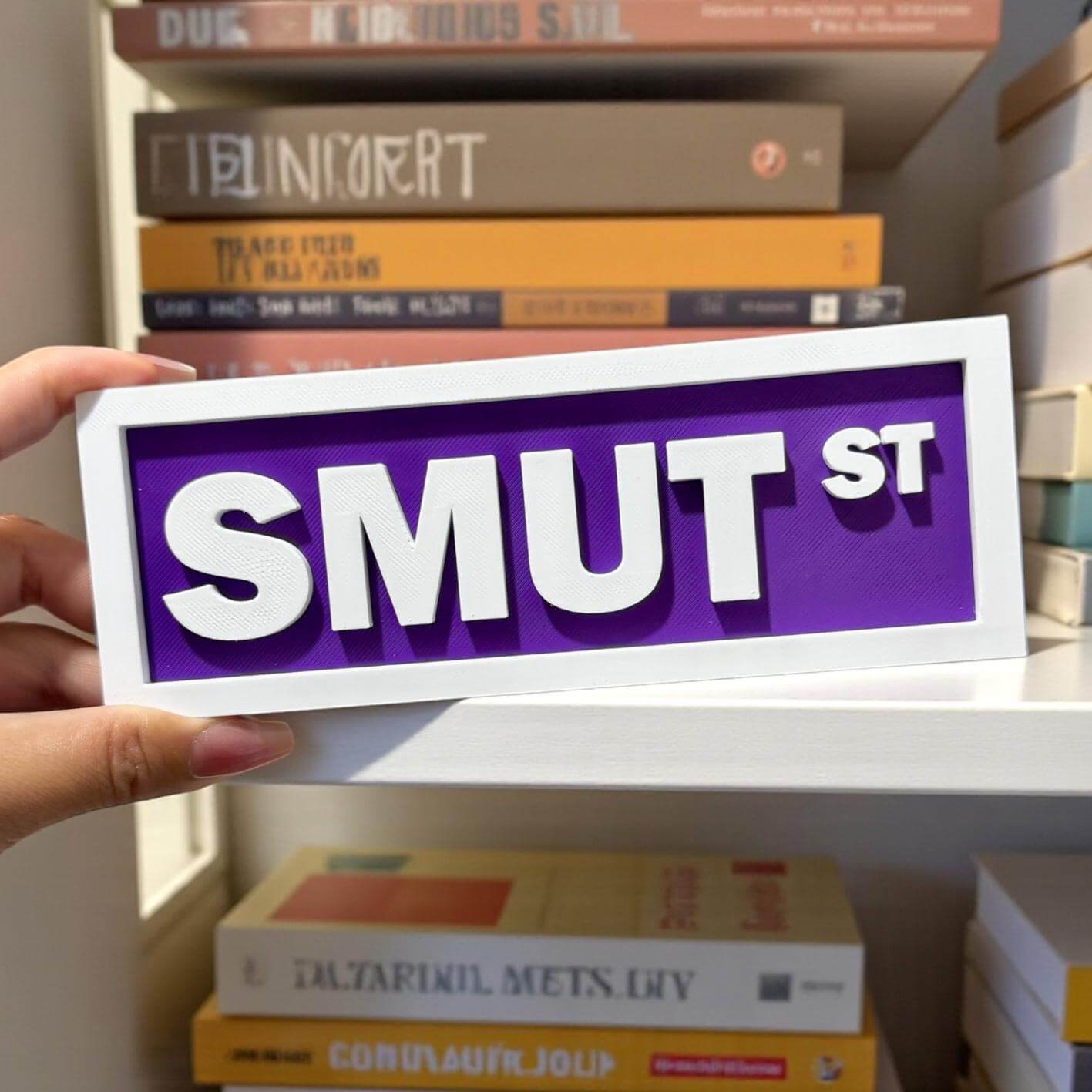 Hand holding a sign with 'SMUT ST' in front of a bookshelf.