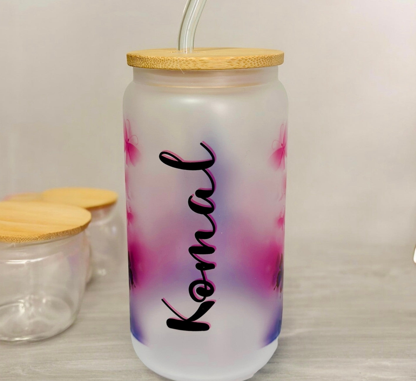 Customisable glass tumbler with bamboo lid and straw, Purple and butterfly design.