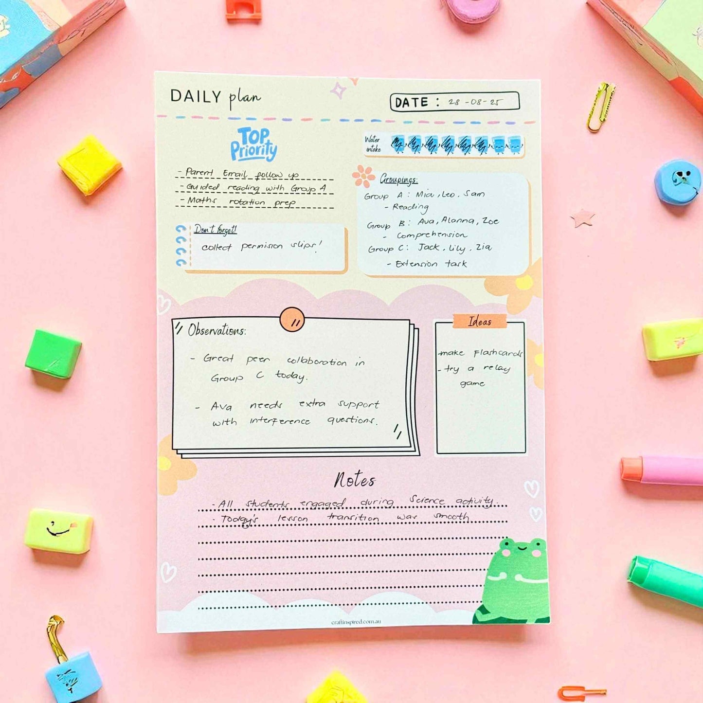 Teacher daily planner in use showing filled sections with lesson planning, student groupings, and classroom observations - perfect end of year educator appreciation gift Australia
