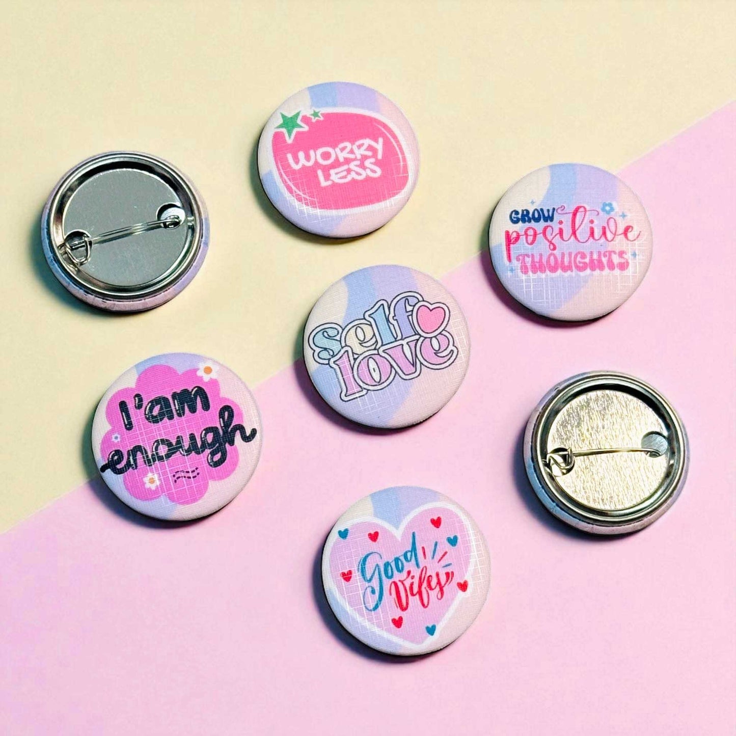 Custom button pin badges collection displaying positive affirmation messages with professional pin back fasteners - handmade motivational badges