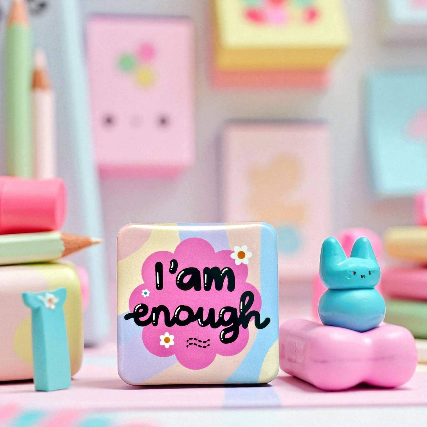 Custom motivational magnet 'I am enough' with colourful cloud design surrounded by cute kawaii stationery items - positive affirmation magnets Melbourne Australia