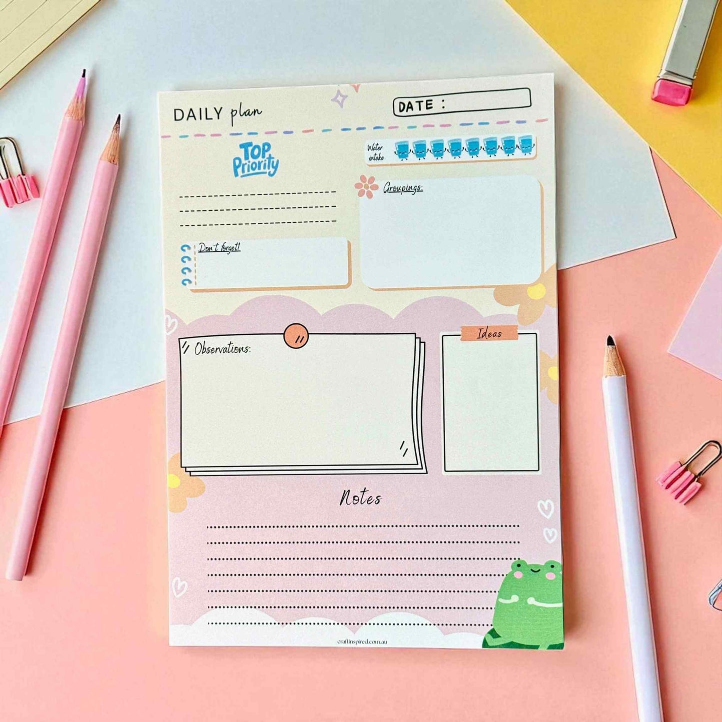 Custom teacher daily planner notepad featuring top priority section, water intake tracker, student groupings area, and classroom observations - perfect end of year gift for educators Australia
