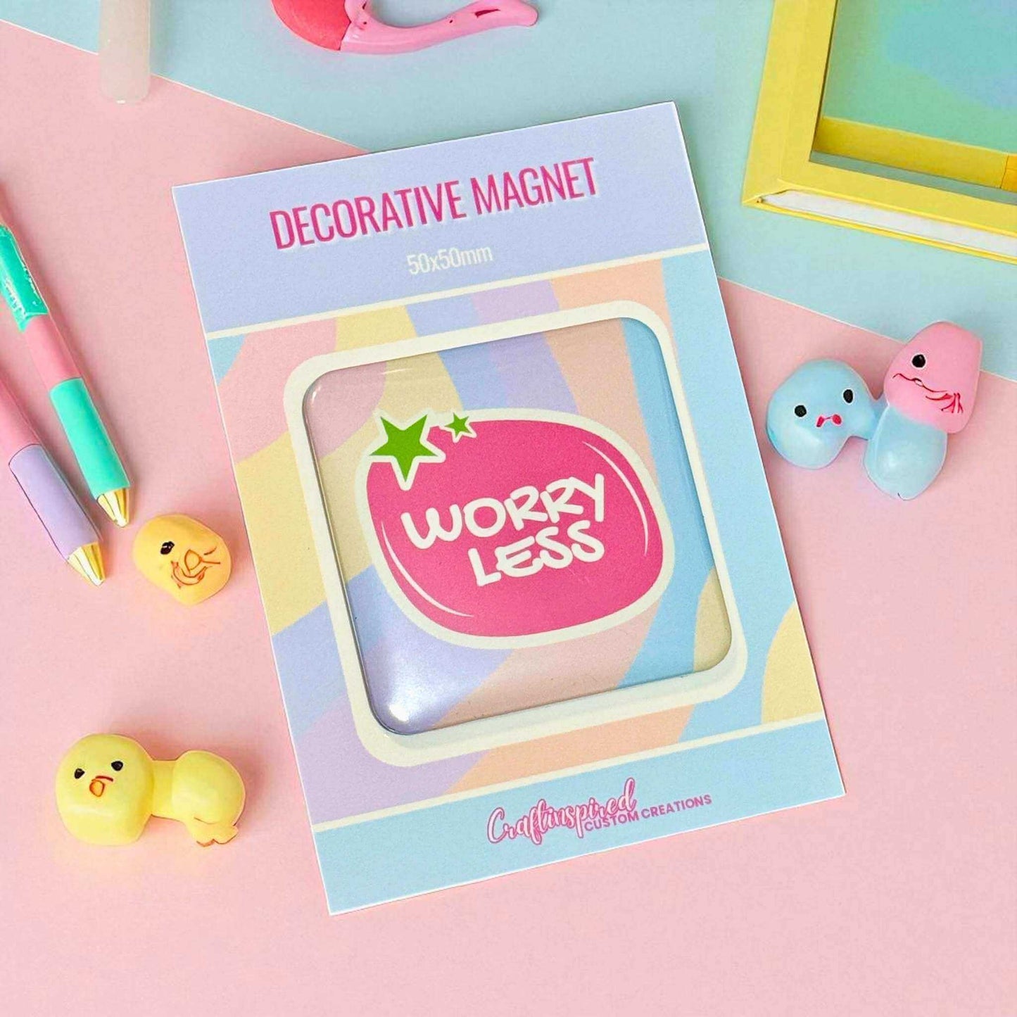 Personalised motivational magnet displaying 'Worry Less' affirmation in colourful packaging surrounded by adorable kawaii characters - mental wellness gifts
