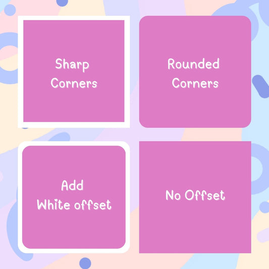 Four pink squares with text labels on a colorful abstract background