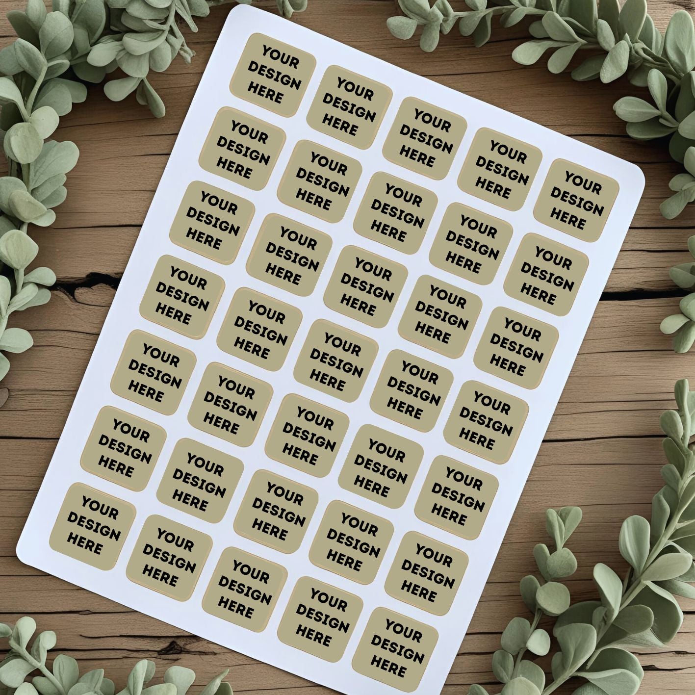 Sheet of customizable stickers with 'Your Design Here' text on a wooden surface with greenery.