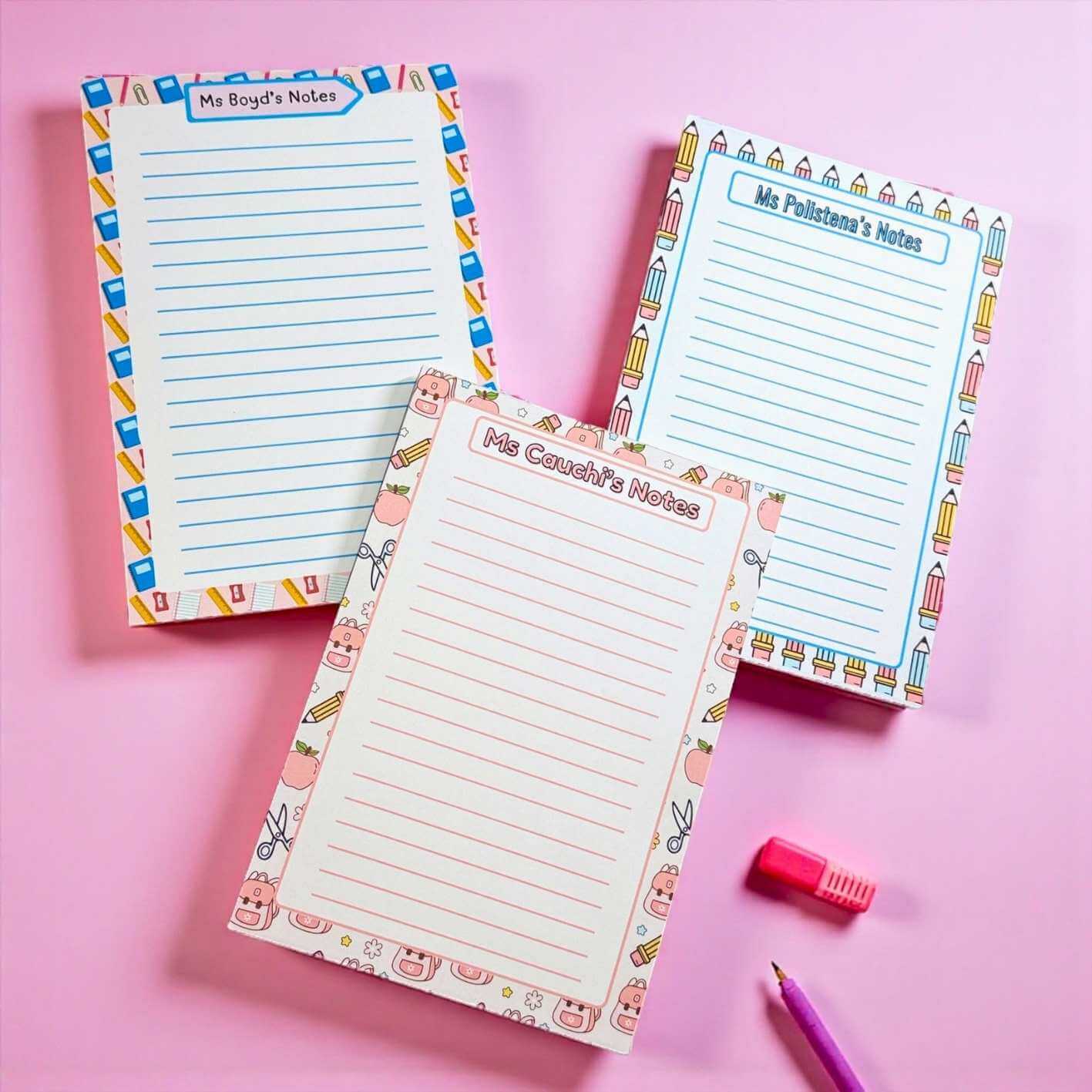 Three colourful lined notepads Personalised with teacher's name, End of year teacher gift.