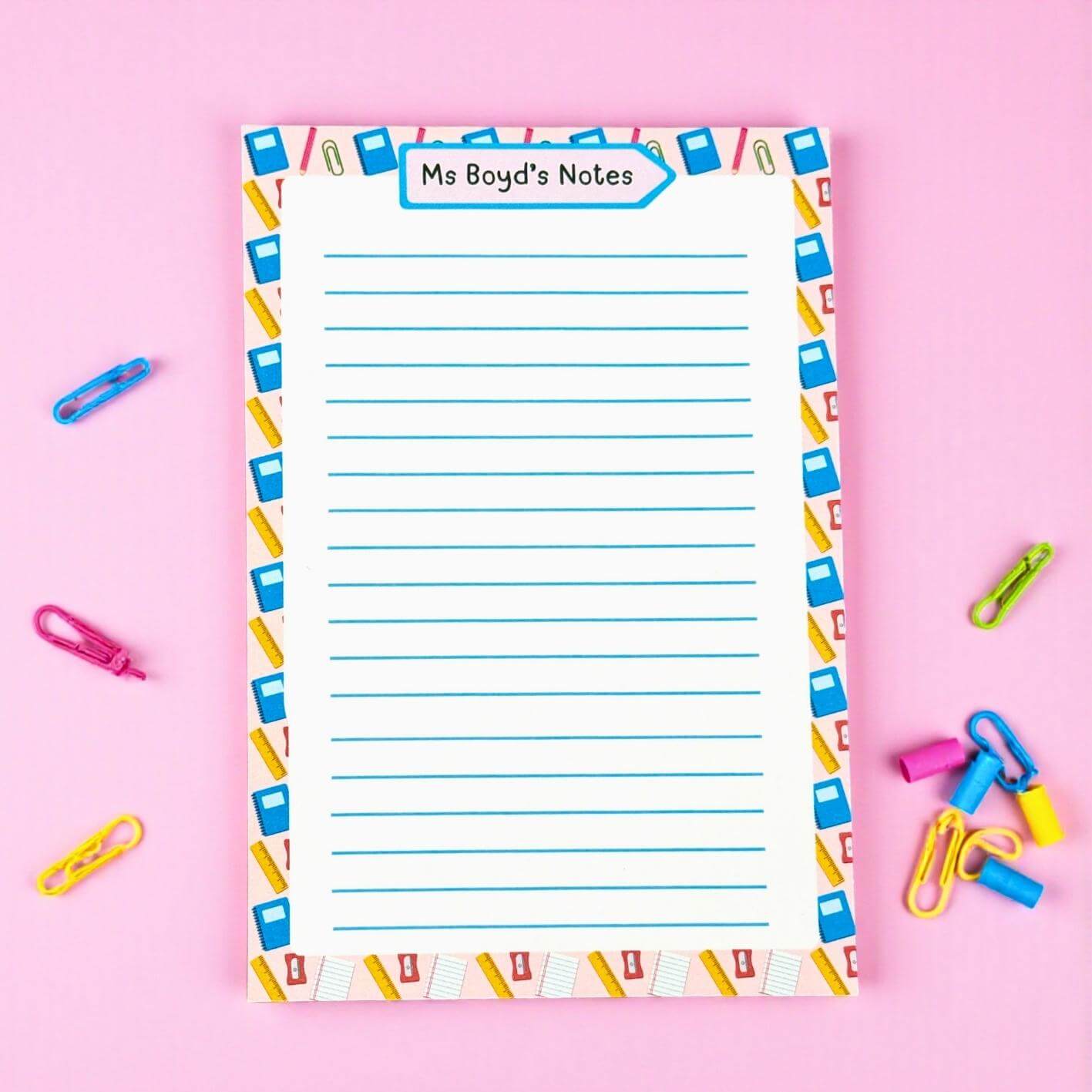 personalised Notepad with colourful border and 'Ms Boyd's Notes' label on a pink background
