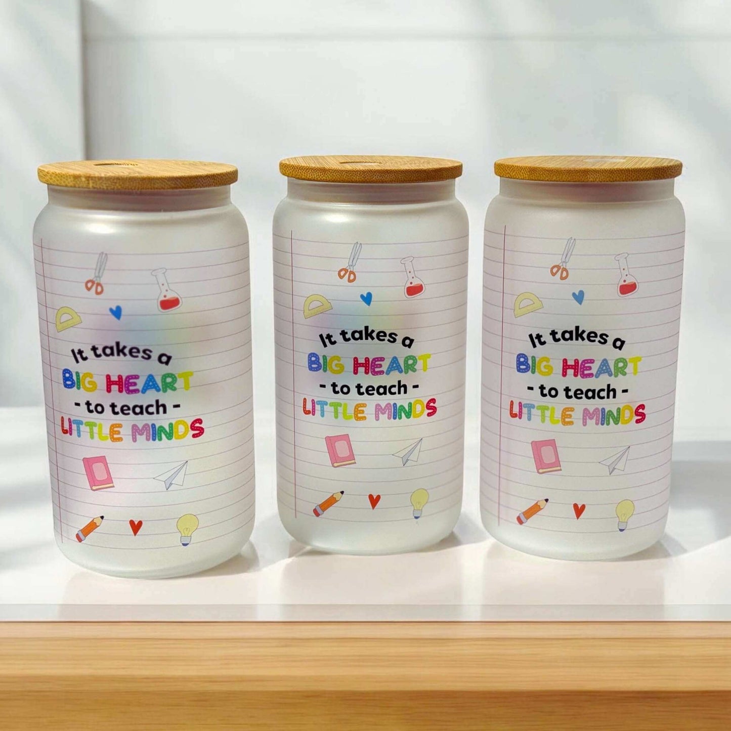 Handmade teacher glass cans with eco-friendly lids showing inspirational education quote and cute classroom-themed illustrations - personalised teacher gifts