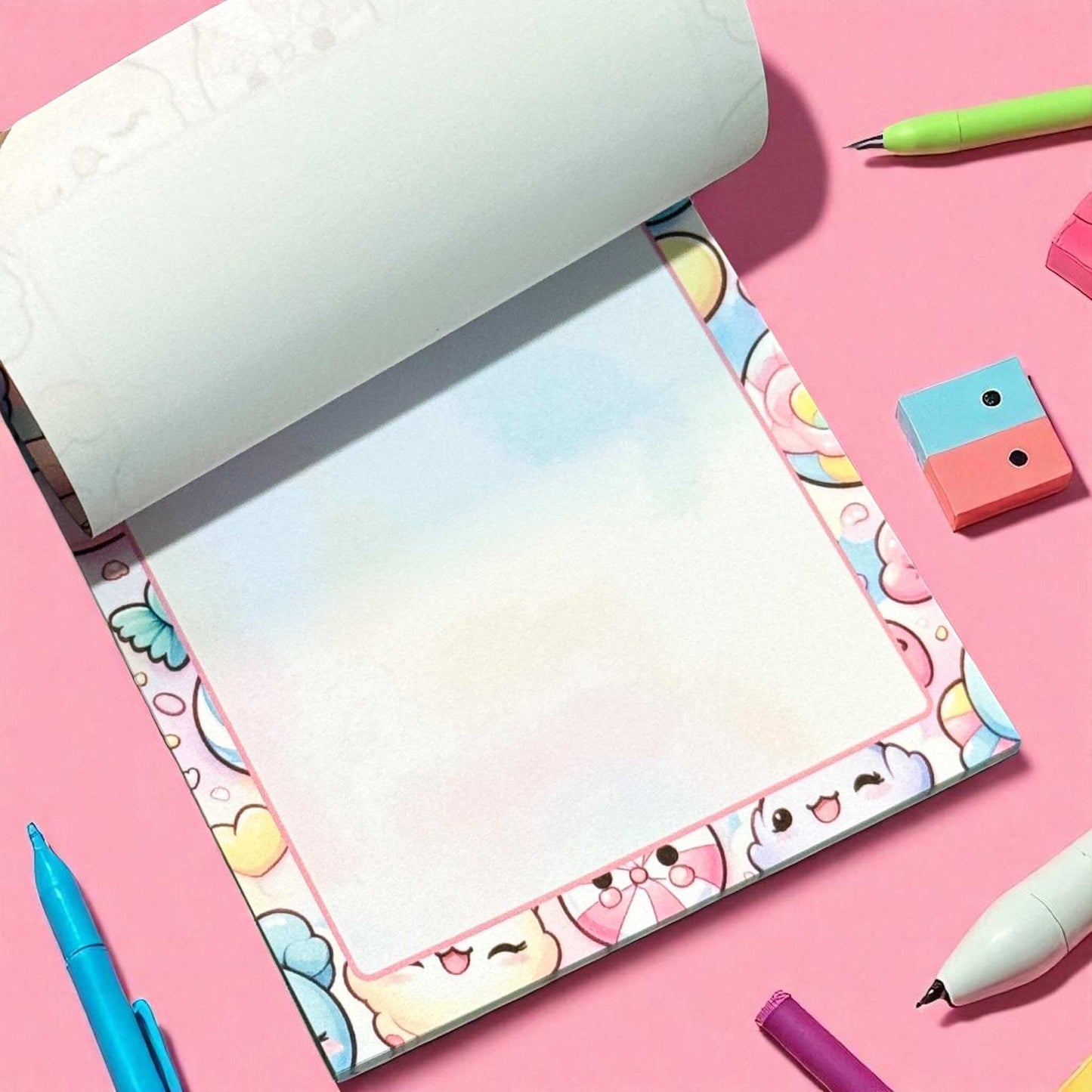 Handmade kawaii notes pad with cute cartoon character design showing practical tear-off functionality - Japanese-inspired stationery
