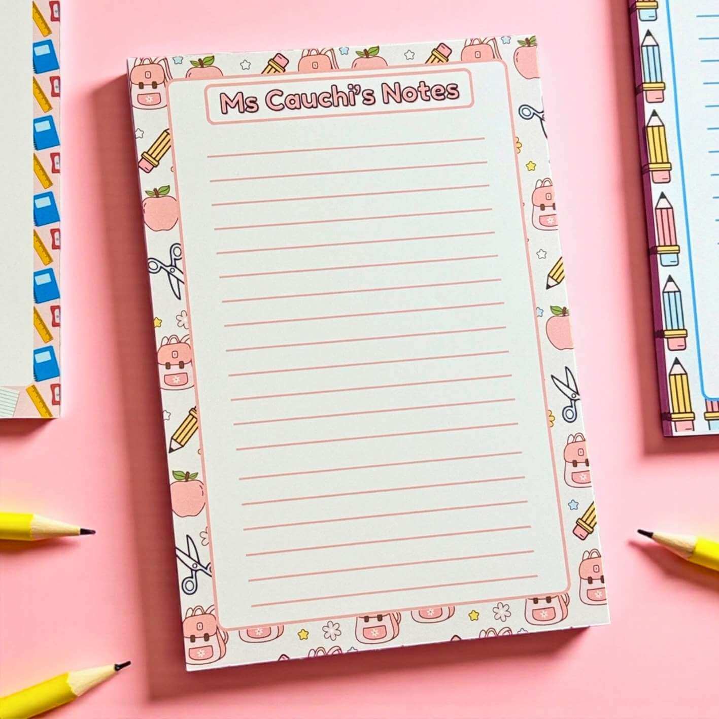 Personalised kawaii design notepad with cute backpack and school supply design