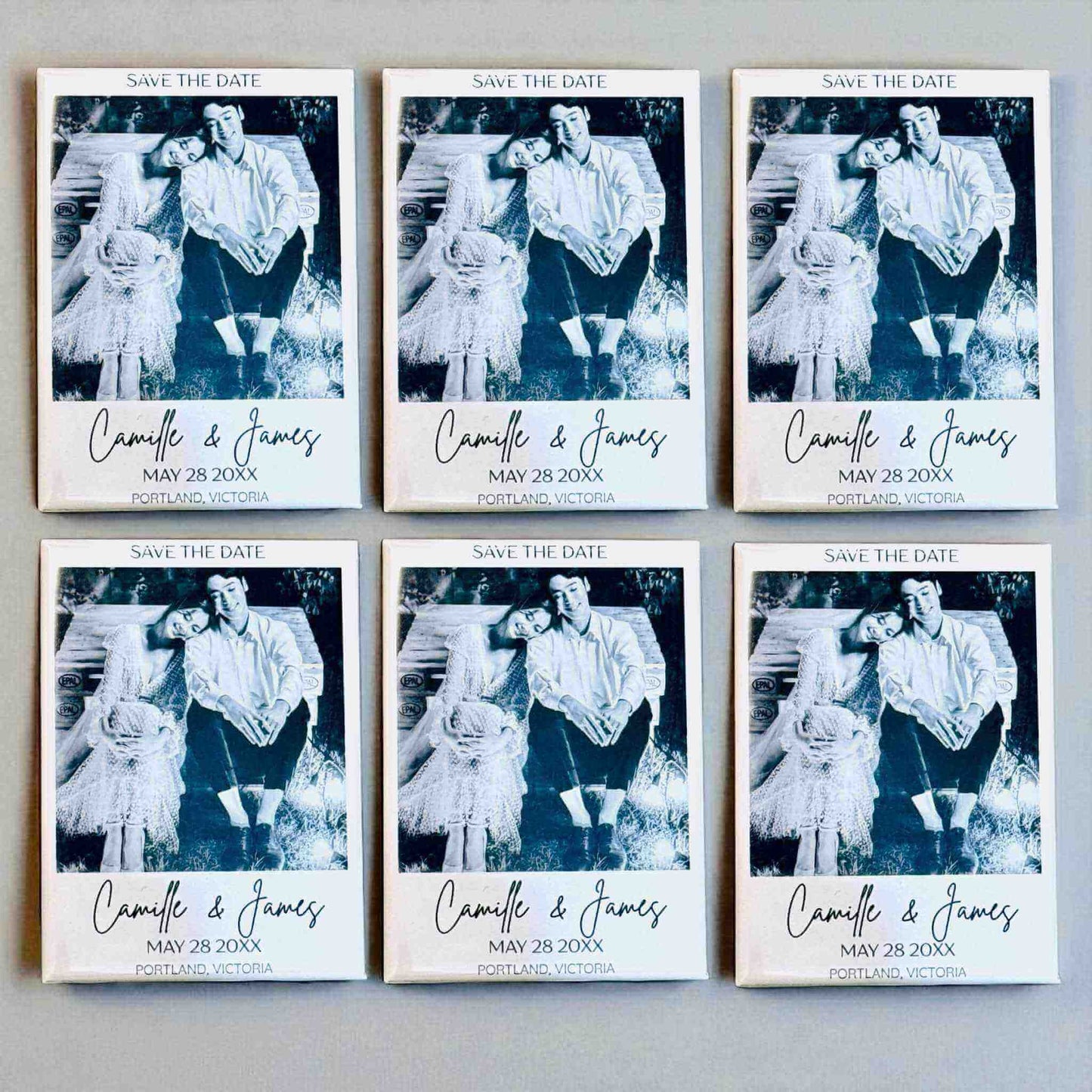 Personalised save the date photo magnets showcasing romantic couple photo with custom wedding details - handmade wedding magnetic announcements