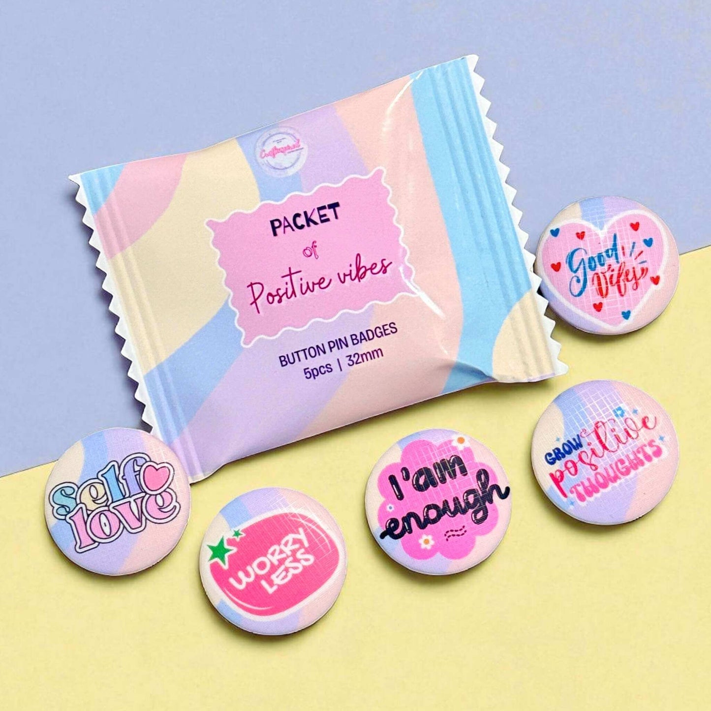 Custom button pin badges set featuring positive affirmation messages for mental wellness and self-care - 32mm motivational badges collection