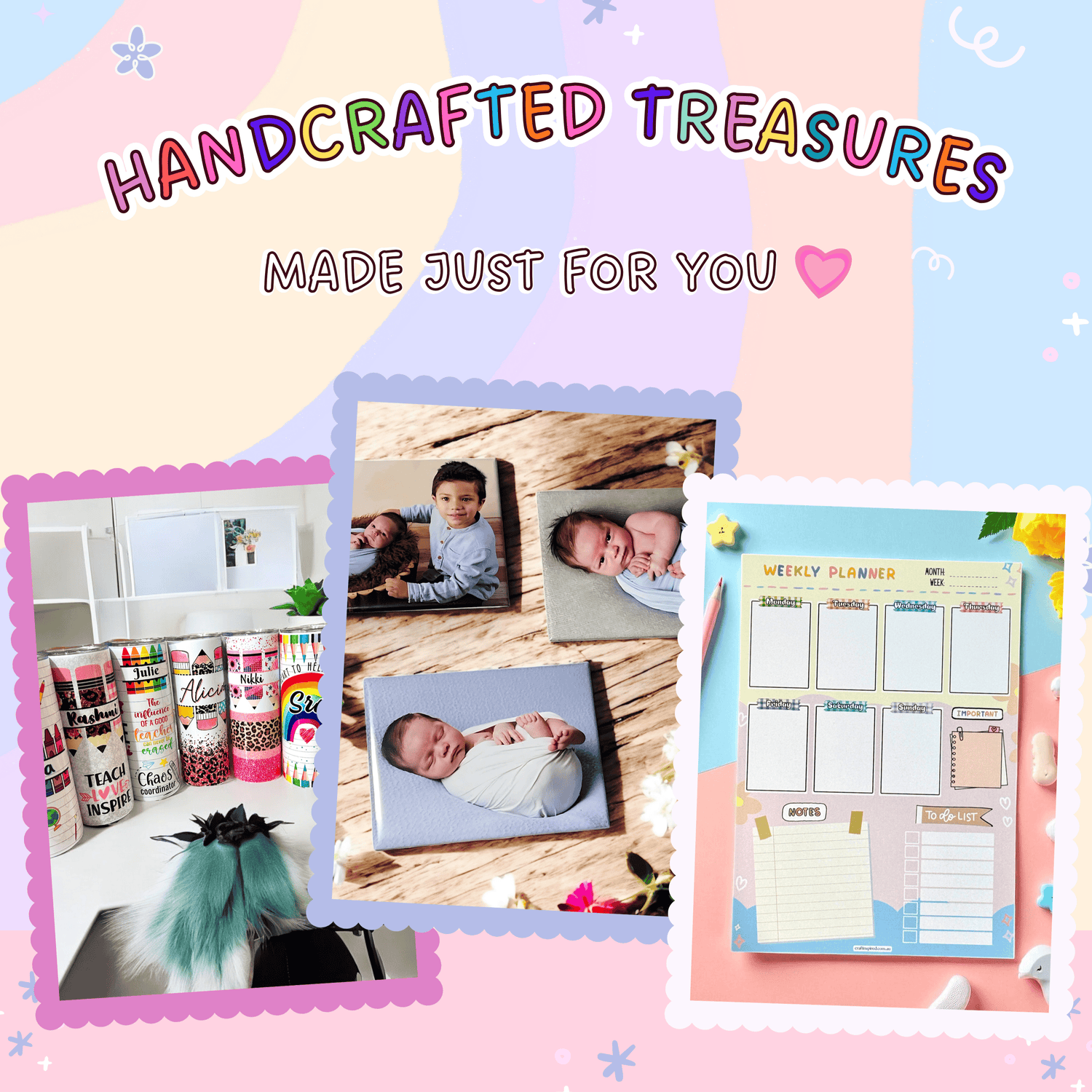 Personalised gift range featuring custom teacher tumblers, precious family moment photo magnets, and weekly planning notepads - handcrafted treasures made with love Australia