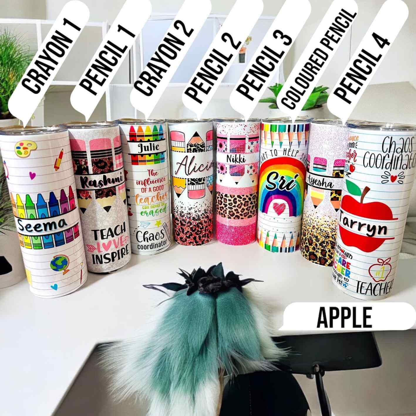 A variety of personalised stainless steel teacher tumblers with vibrant crayon, pencil, rainbow, and apple-themed designs. Each tumbler features a teacher's name and colourful artwork, ideal for hot or cold drinks. The perfect end-of-year gift, Christmas present, or appreciation gift for educators in Australia.