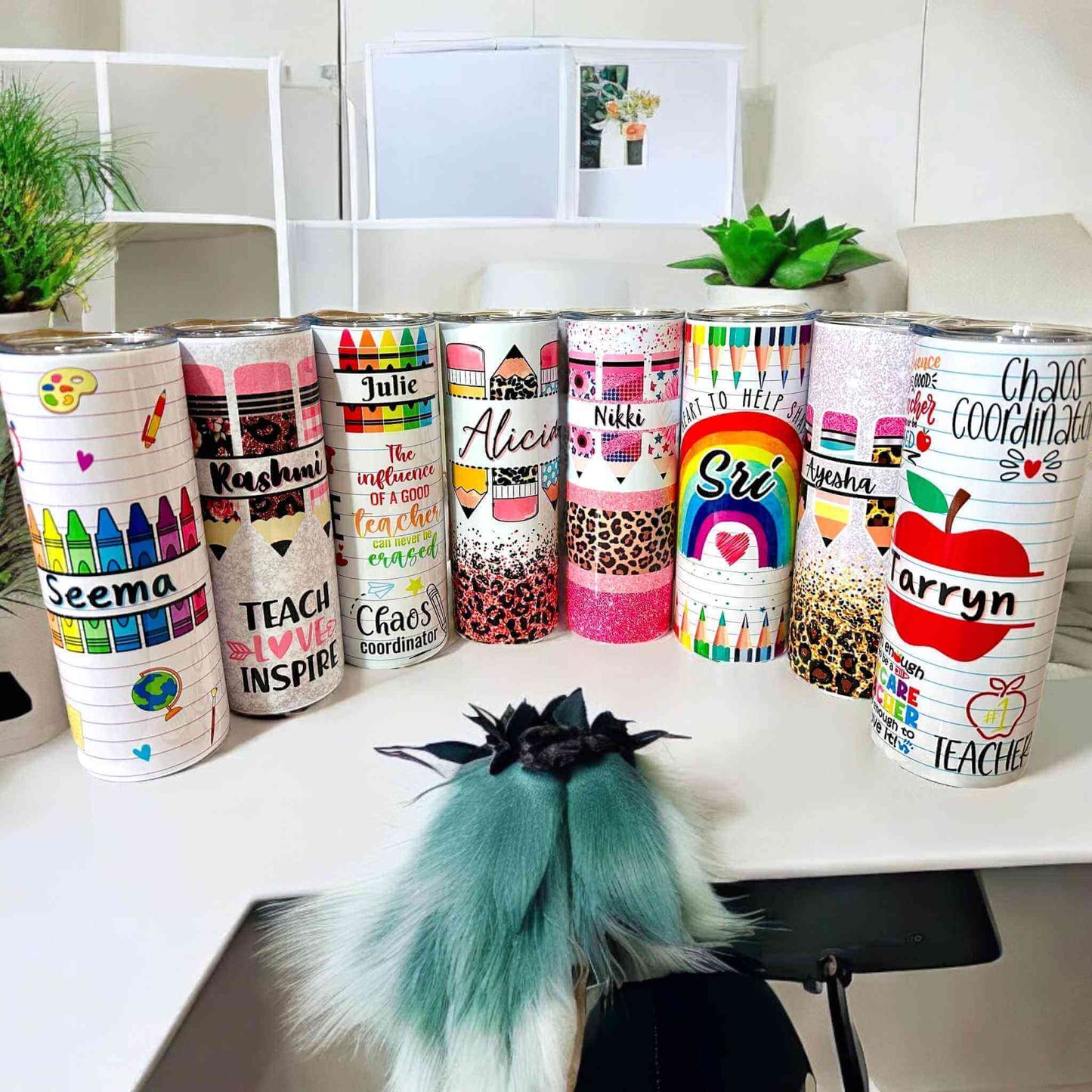 Handmade custom teacher tumblers Melbourne - personalised drinkware collection with colourful educational graphics, inspirational quotes, and individual teacher names - end of year gifts Australia