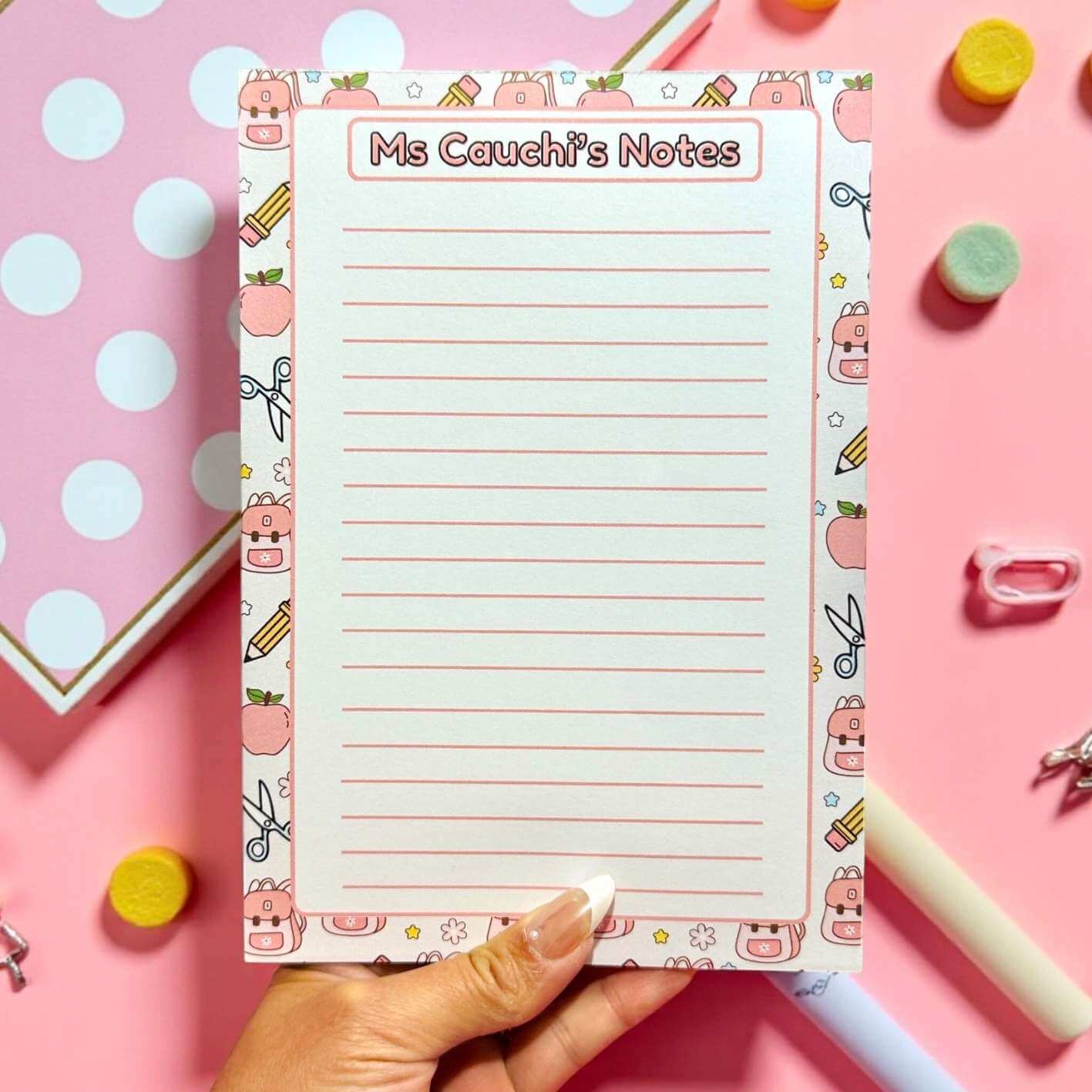 Personalised Pink Teacher Notepad | Cute Stationery Gift for Teachers | Custom Name 60 Page Notepad | End of Year Teacher Gift Australia