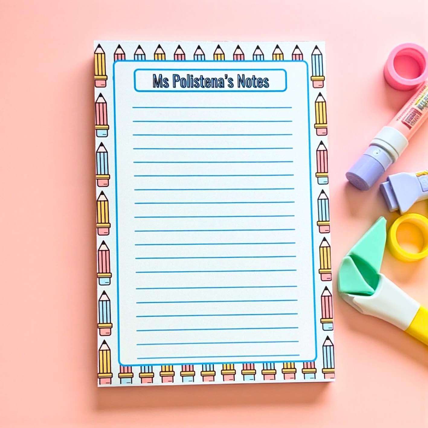 Tearaway custom note pad with pencil border, great end of the year teacher gift.