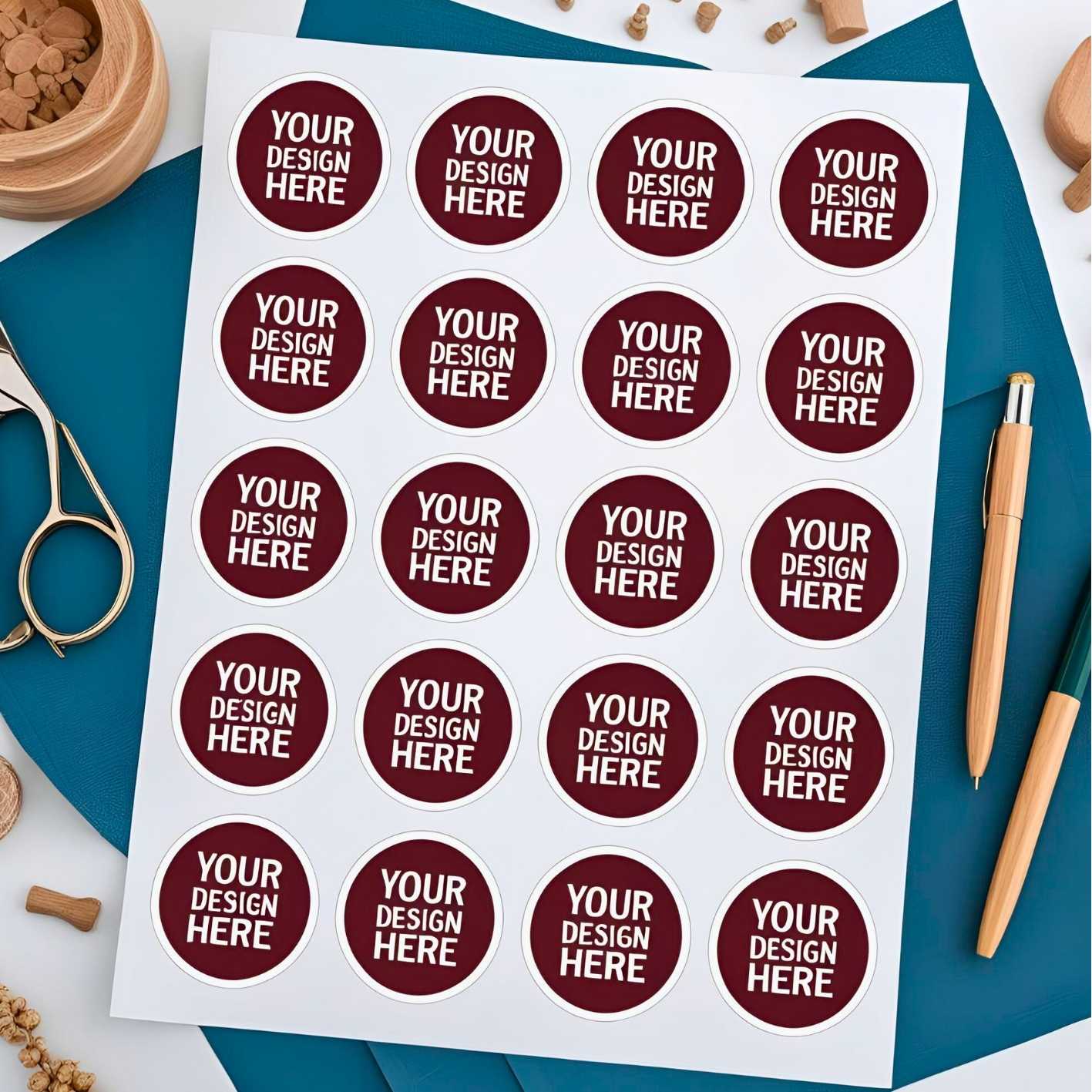 Sheet of round stickers with 'Your Design Here' text on a blue surface with stationery items.