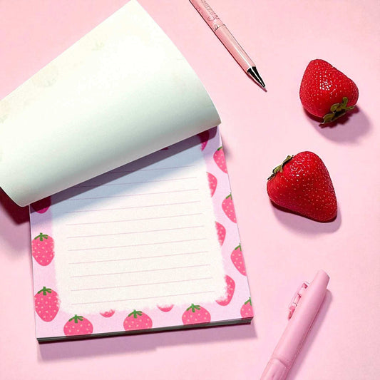 Custom strawberry-themed notes notepad displaying functional lined pages with adorable pink fruit pattern - handmade writing pads