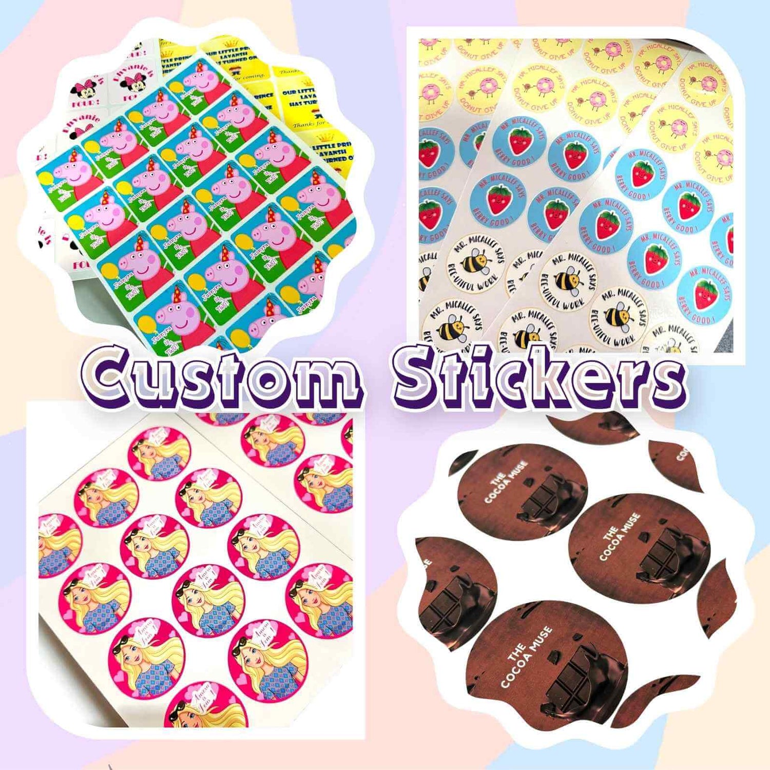 Custom sticker collection showcasing cartoon character designs, teacher reward stickers with positive messages, personalised mermaid stickers, and food-themed chocolate stickers - custom sticker printing services