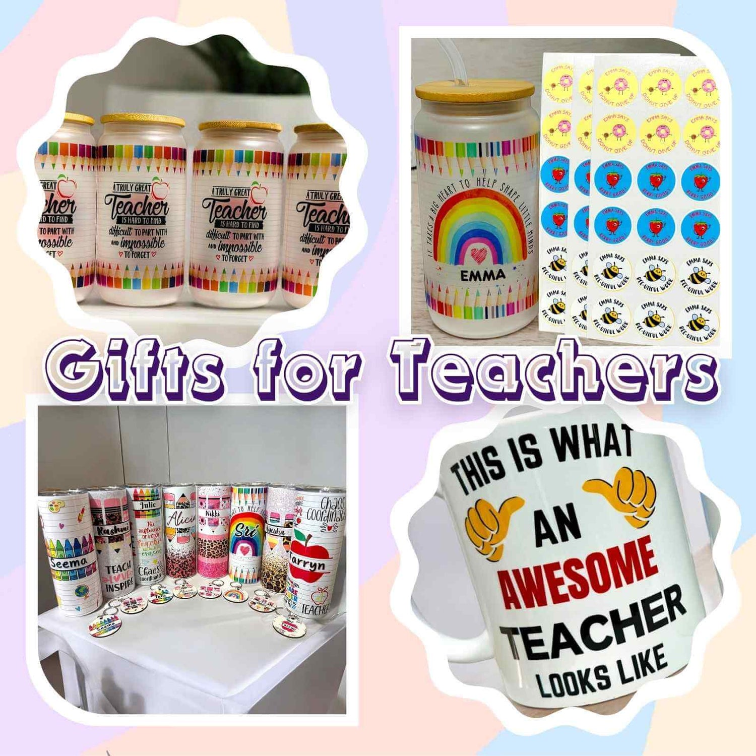 Handmade teacher appreciation gifts including personalised glass cans with bamboo lids, custom teacher tumblers with educational themes, teacher reward stickers for classroom use, and motivational teacher coffee cup - personalised educator gifts