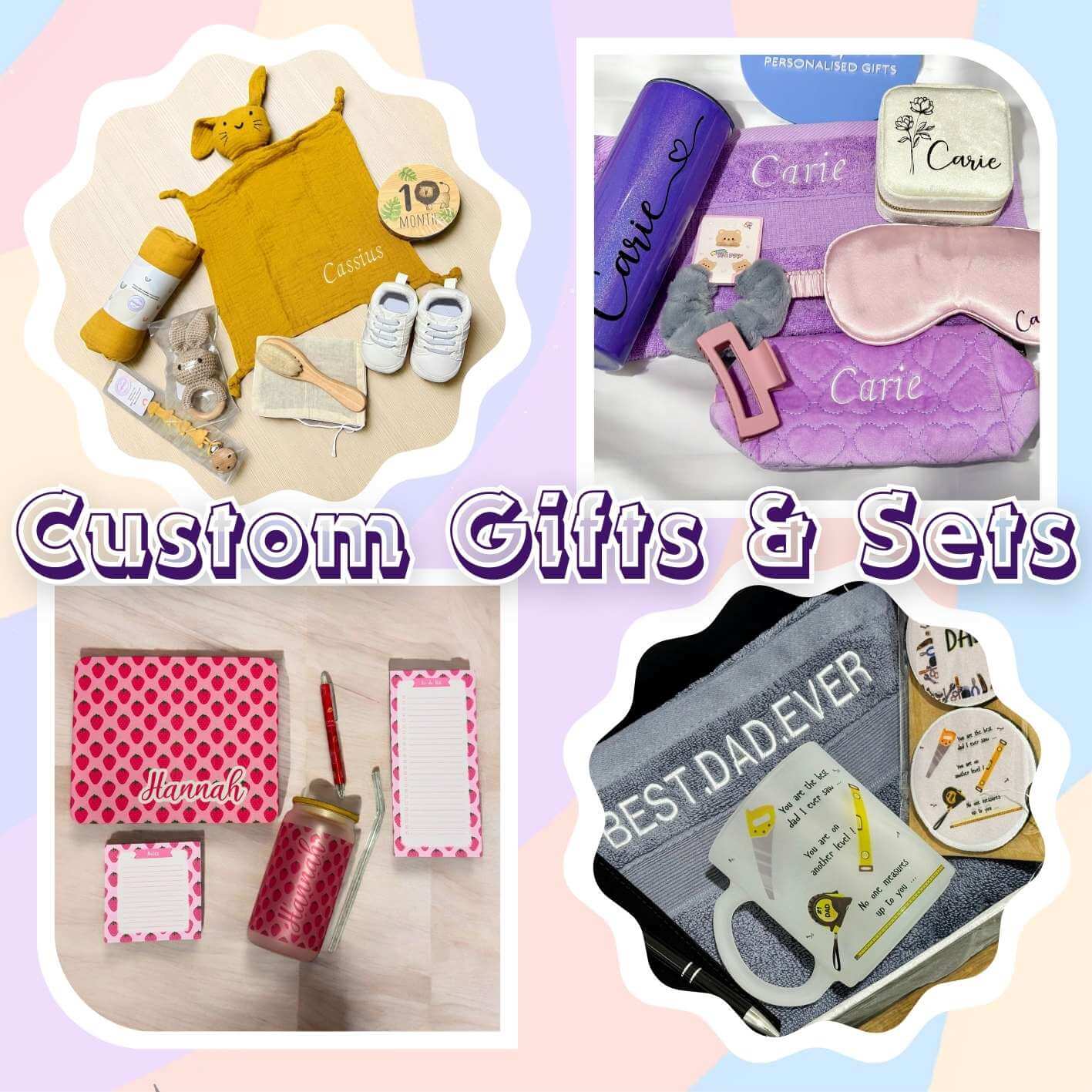 Handmade custom gift sets including baby shower gift hamper, personalised spa gift box with purple theme, custom stationery gift set with polka dot design, and dad appreciation gift box with personalised items - bespoke gift hampers