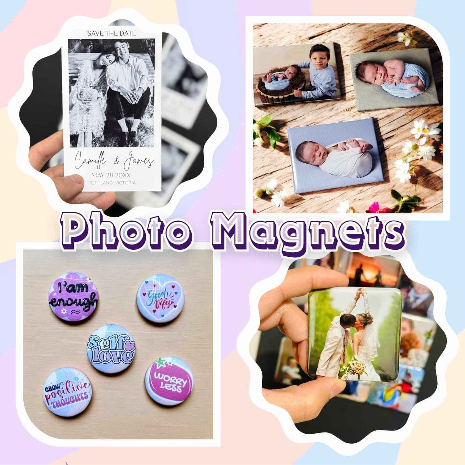 Custom photo magnets collection featuring wedding save the date magnets, family and baby photo magnets, motivational message magnets with 'I am enough' and 'Good Vibes', and personalised wedding photo keepsakes - handmade photo gifts