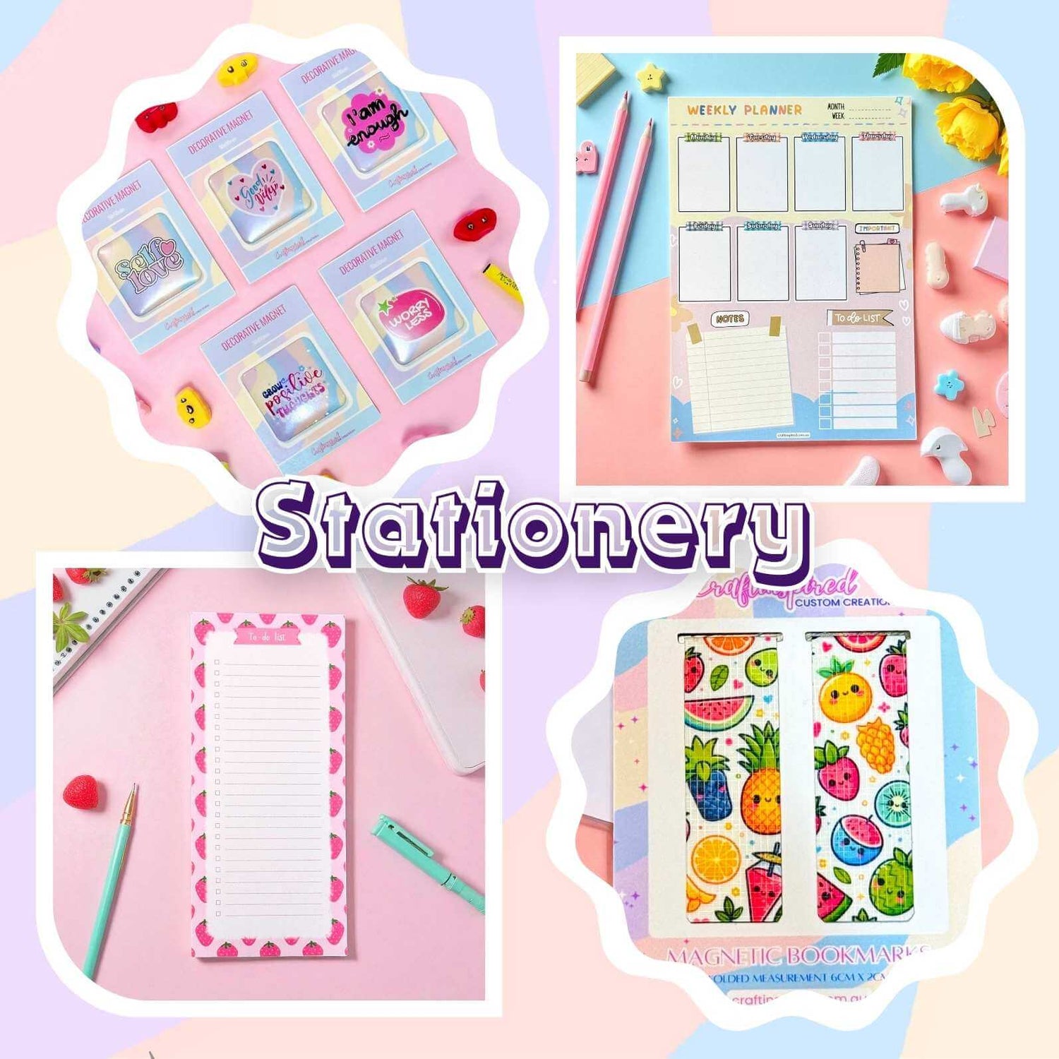 Handmade stationery collection including motivational decorative magnets, weekly planners, fruit-themed to-do lists, and kawaii magnetic bookmarks - cute planning accessories