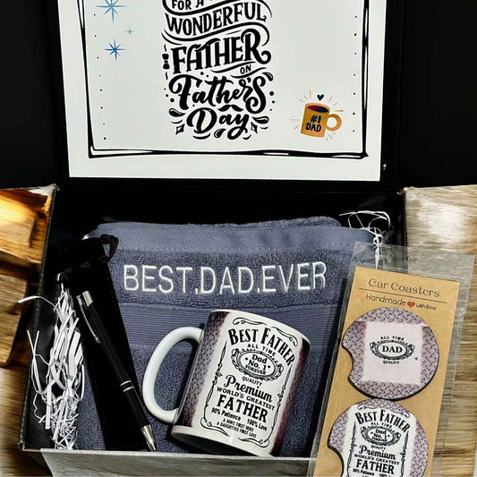 Premium gift box set for Poppy with embroidered hand towel, custom mug, car coasters, and pen
