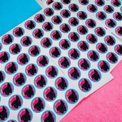 Stickers with customised business logo, pink and blue background.