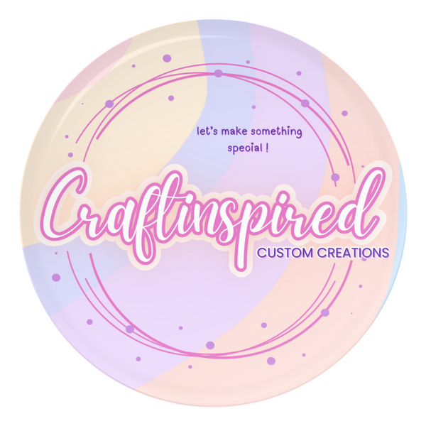 Circular logo with 'Craftinspired Custom Creations' text on a pastel gradient background