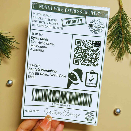 Personalised North Pole Express Delivery label with Santa's Workshop and Elf logo on a beige background.