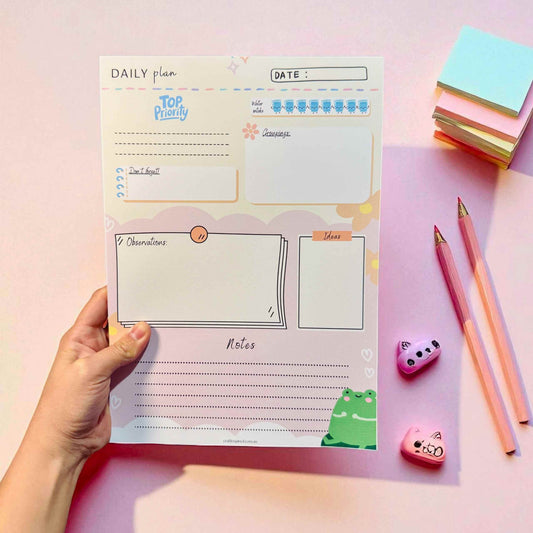 Custom teacher daily planner notepad showing complete layout with lesson planning sections, hydration tracker, and classroom management areas - perfect educator appreciation gift Australia
