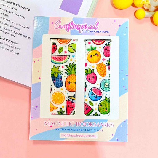 Handmade magnetic bookmarks with adorable fruit characters in branded retail packaging folded measurement 6cm x 2cm - cute book accessories