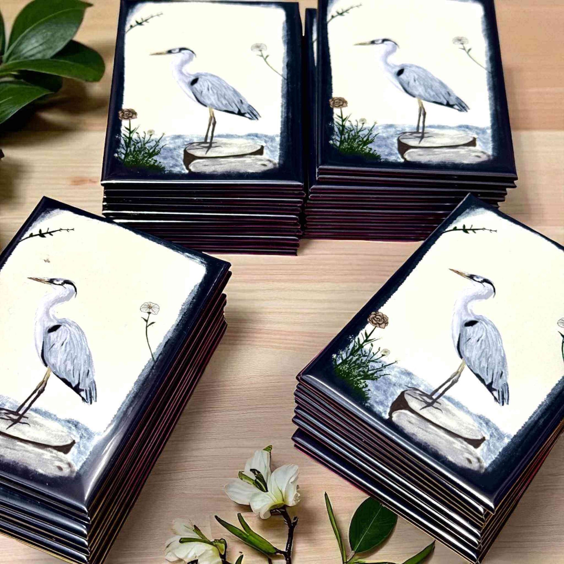Bulk order custom photo magnets displaying elegant heron bird watercolour illustration - handmade magnetic prints for wildlife and nature lovers