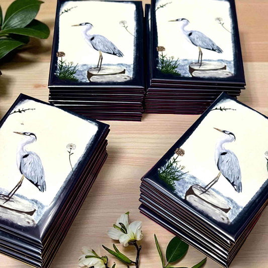 Bulk order custom photo magnets displaying elegant heron bird watercolour illustration - handmade magnetic prints for wildlife and nature lovers