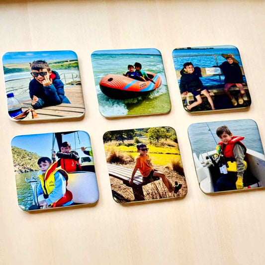 Set of 6 square custom photo magnets featuring kids enjoying outdoor adventures like fishing, boating, and relaxing at the beach.