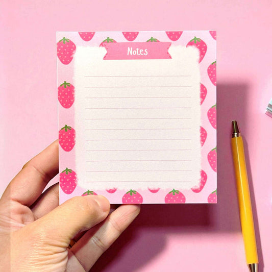 Custom notes pad with strawberry pattern border showing lined pages for writing and note-taking - fruit-themed stationery