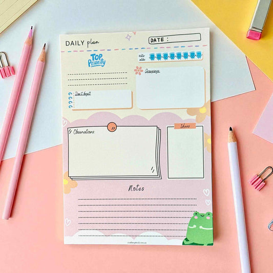 Custom teacher daily planner notepad featuring top priority section, water intake tracker, student groupings area, and classroom observations - perfect end of year gift for educators Australia