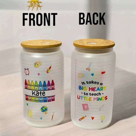 Teacher glass can with bamboo lid displaying front design with personalised name Kate and back featuring 'It takes a big heart to teach little minds' quote - teacher gifts