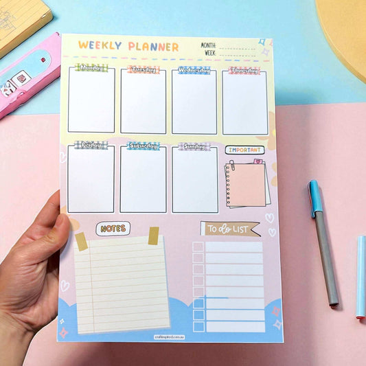 Custom weekly planner notepad displaying functional design with daily organisation sections - ideal for busy families, students, and educators Australia