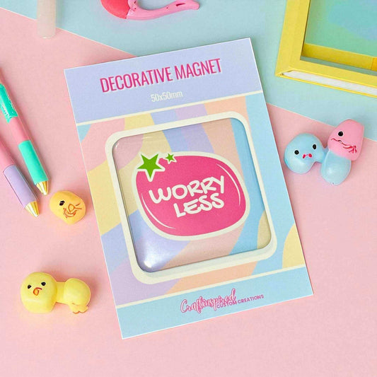 Personalised motivational magnet displaying 'Worry Less' affirmation in colourful packaging surrounded by adorable kawaii characters - mental wellness gifts