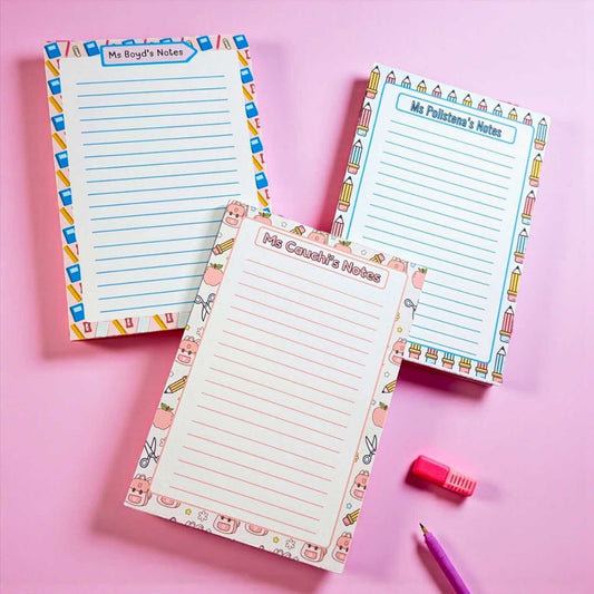 Three colourful lined notepads Personalised with teacher's name, End of year teacher gift.