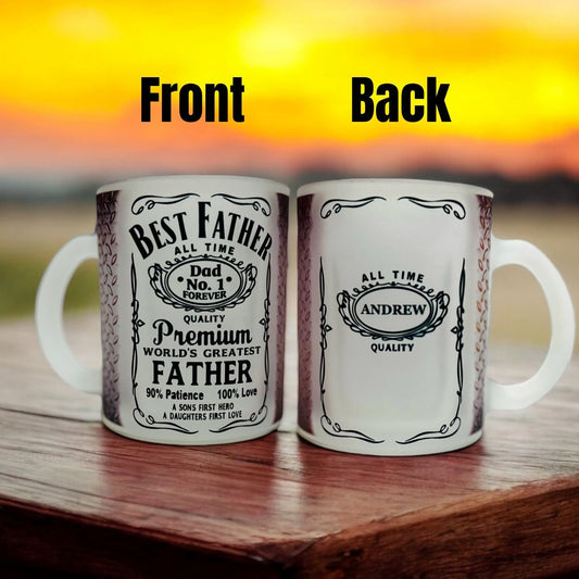 Two mugs labeled 'Best Father' and 'Dad No. 1' on a wooden surface with a blurred background.