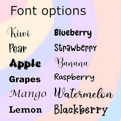 Text with font options labeled as different fruit names on a colorful background
