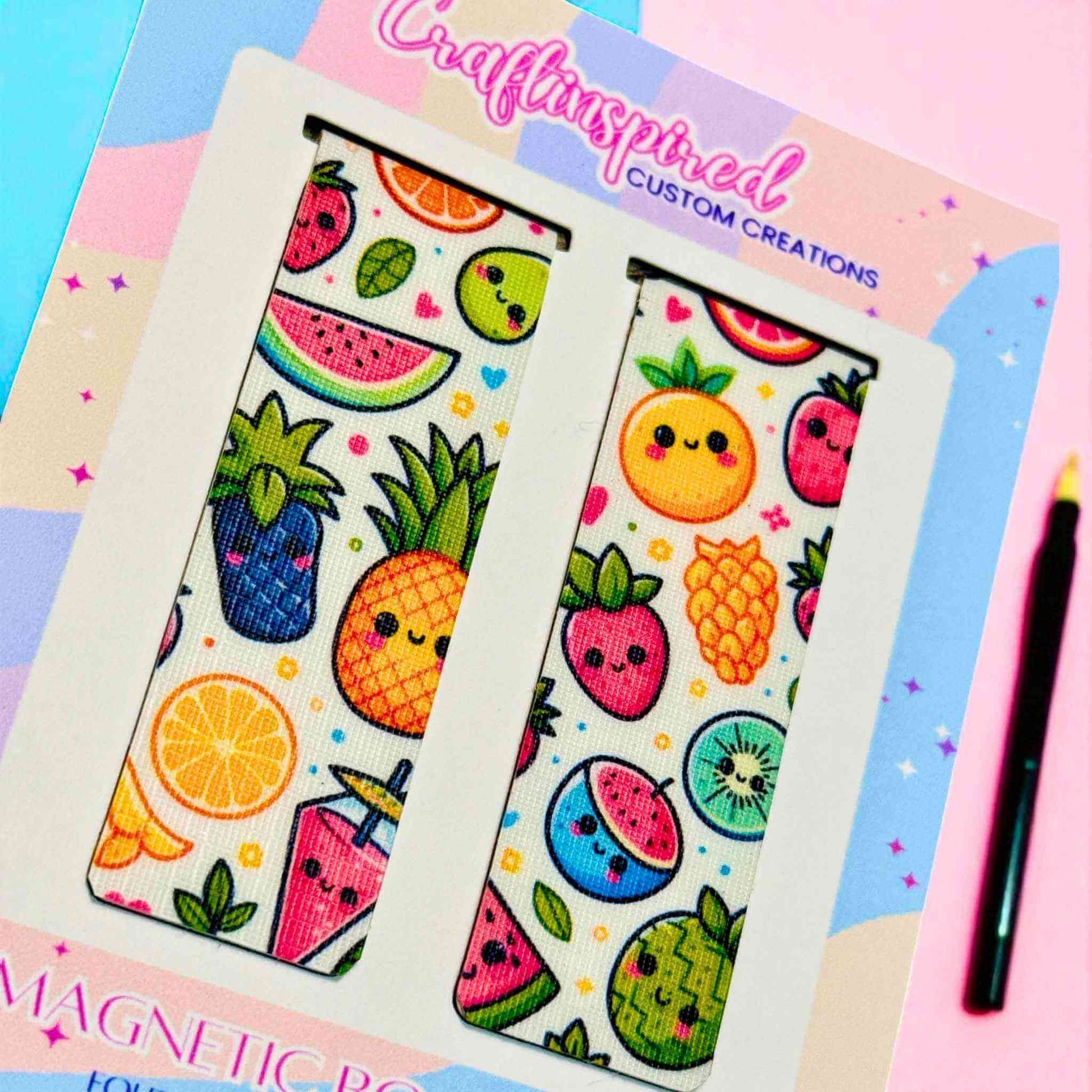 Personalised fruit pattern magnetic bookmarks showing quality print detail of adorable fruit characters - book accessories Australia wide delivery
