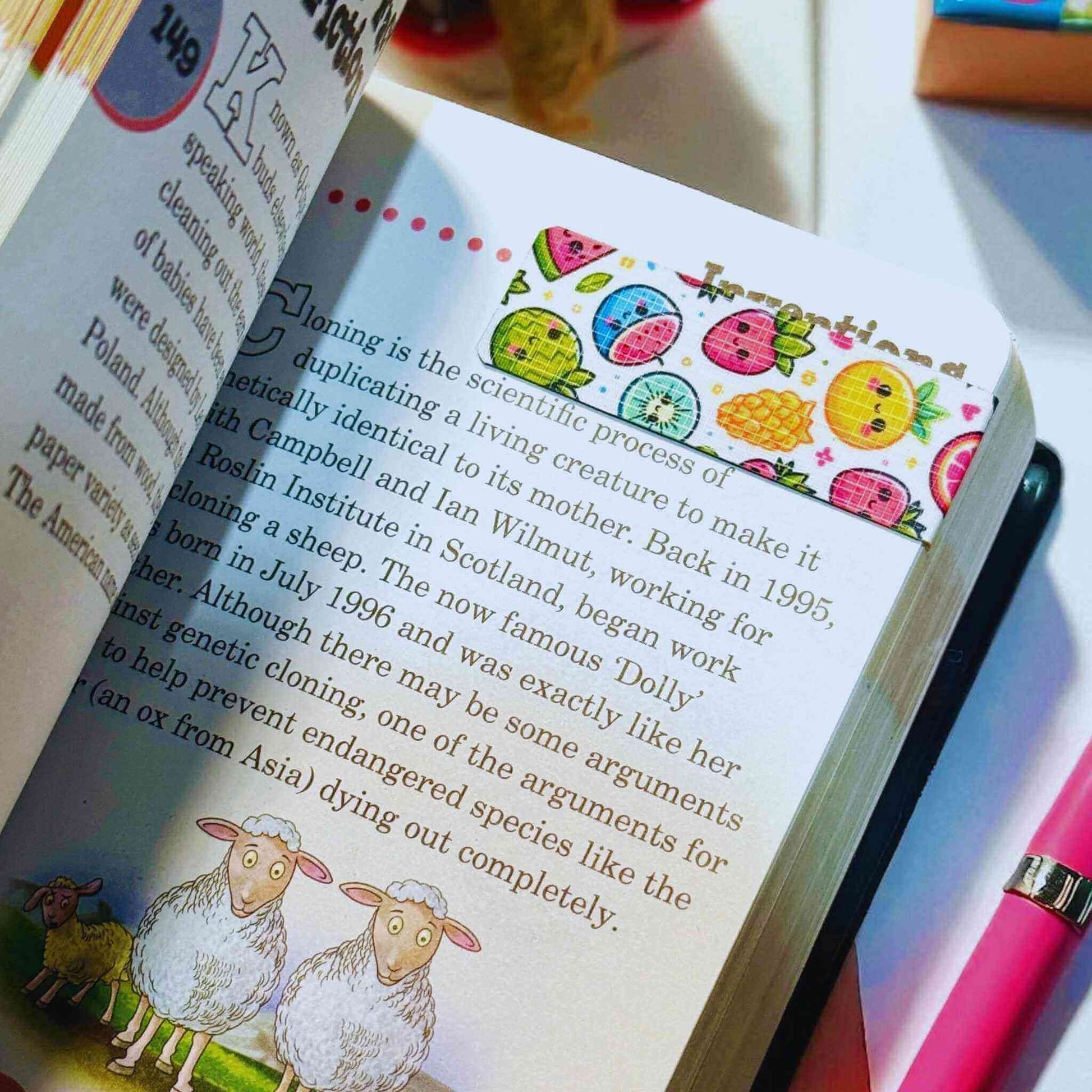 Handmade magnetic bookmark featuring adorable fruit characters including watermelon, pineapple, and orange in practical use on open book - reading gifts delivered across Australia
