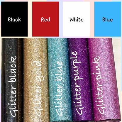 Collection of glittery vinyl sheets in black, red, white, blue, and pink with labels.