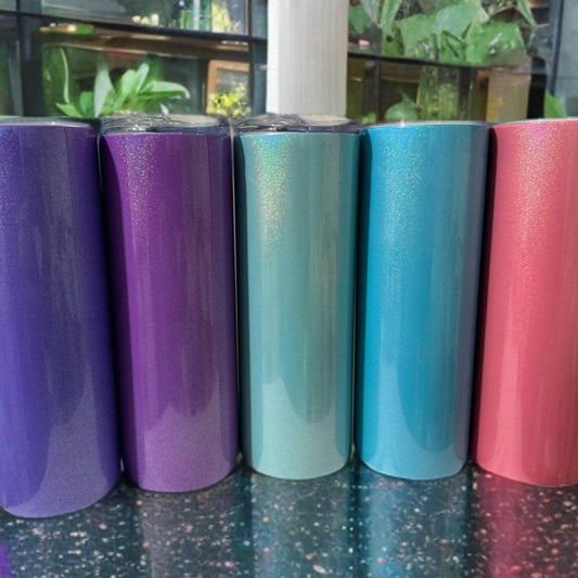 Blank skinny tumblers in assorted shimmer colours ready for custom personalisation - custom drinkware